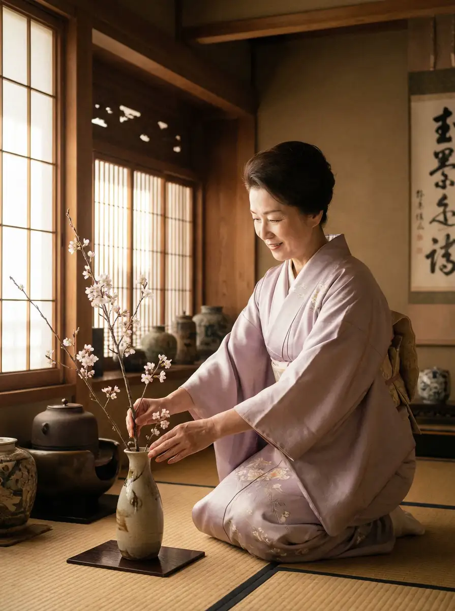 一位优雅的 青鸾殇 在和室中插花